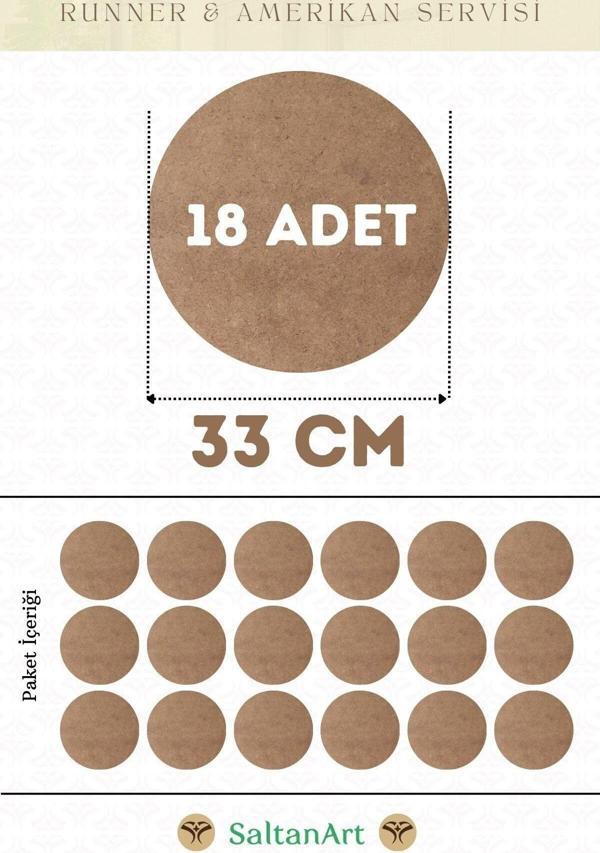 33 cm Çap 18 Adet Supla Amerikan Servis Runner MDF Duralit Magnet Altı Ahşap 3 mm (2,7 mm) Kalınlık - Image 1