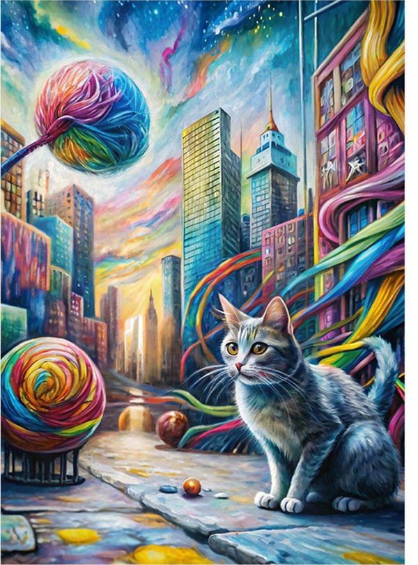Ekart renkli ipler ve kedi dünyası Art Mdf Tablo 35 cm x 50 cm - Image 1