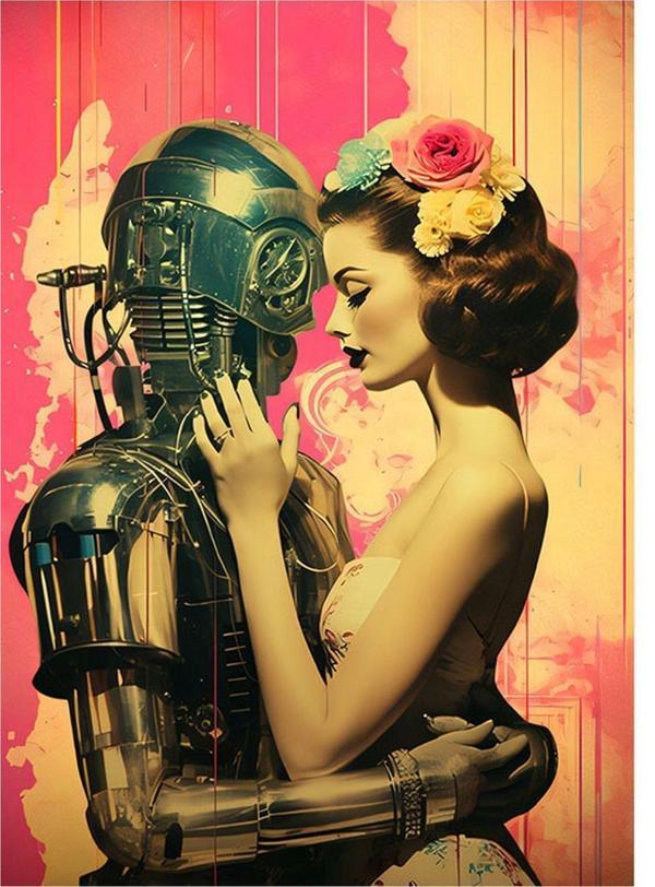 Ekart Retro Kadın Ve Robot Art Mdf Tablo 35 cm x 50 cm - Image 1