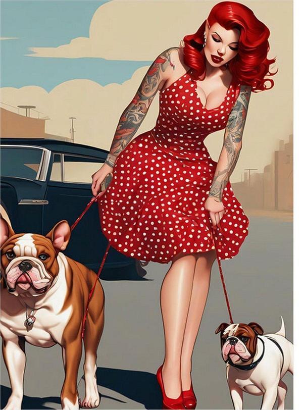 Ekart Köpeklerini Gezmeye Çıkaran Dövmeli Kadın Model Mdf tablo 50 cm x 70 cm - Image 1