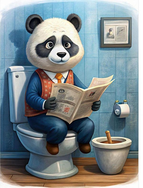 Ekart Tuvalette Gazete Okuyan Panda Art Mdf Tablo 35 cm x 50 cm - Image 1