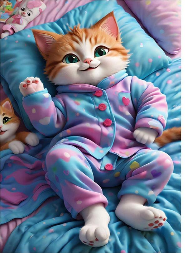 Ekart Pijamalı Uykuya Hazır Sarı Kedi Desenli Mdf Tablo 50 cm x 70 cm - Image 1
