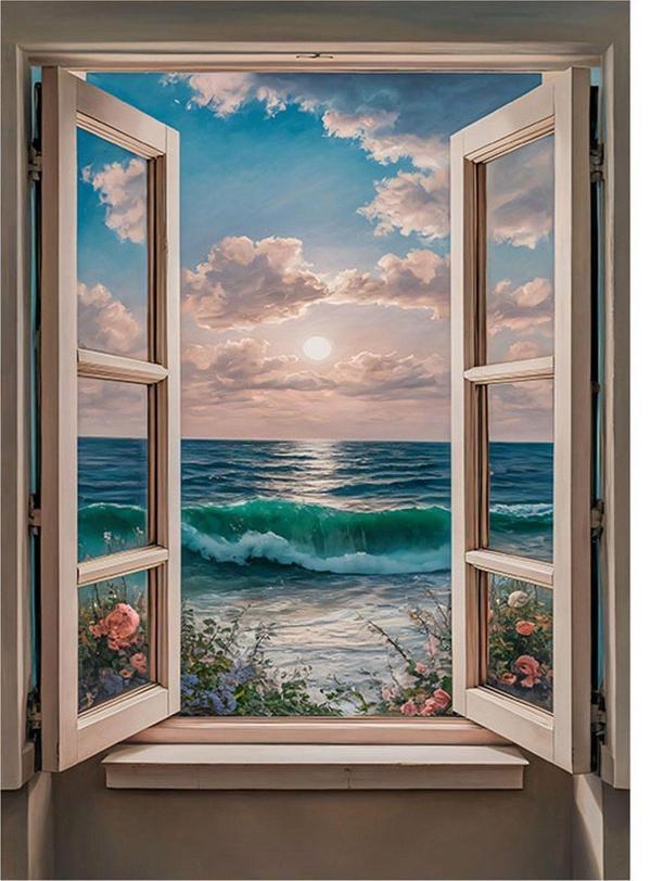 Ekart Deniz Çiçek Ve Pencere Art Mdf Tablo 50 cm x 70 cm - Image 1
