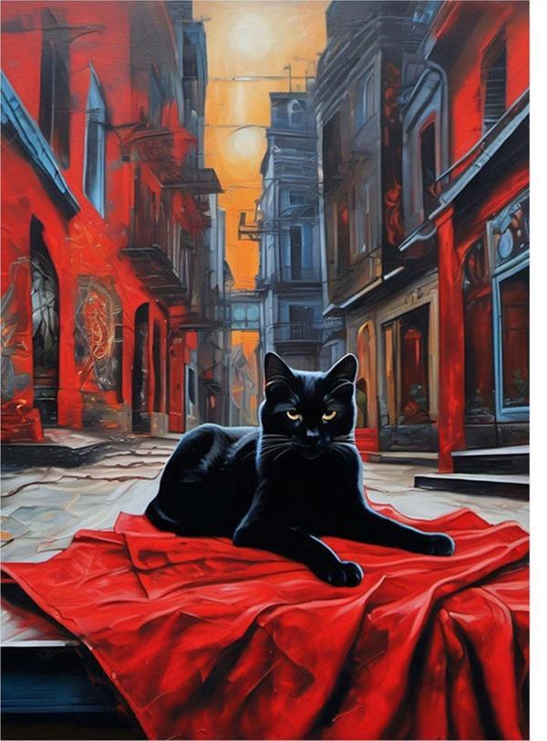 Ekart Siyah Kedi Kırmızı Kumaş Dekoratif Mdf Tablo 50 cm x 70 cm - Image 1