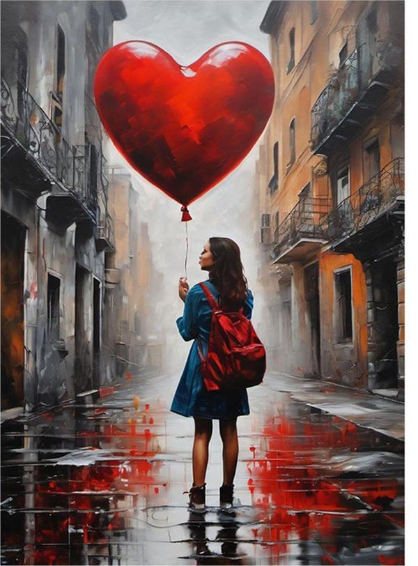Ekart Kırmızı Kalp Şeklinde Uçan Balonlu Kız Modern Mdf Tablo 50 cm x 70 cm - Image 1