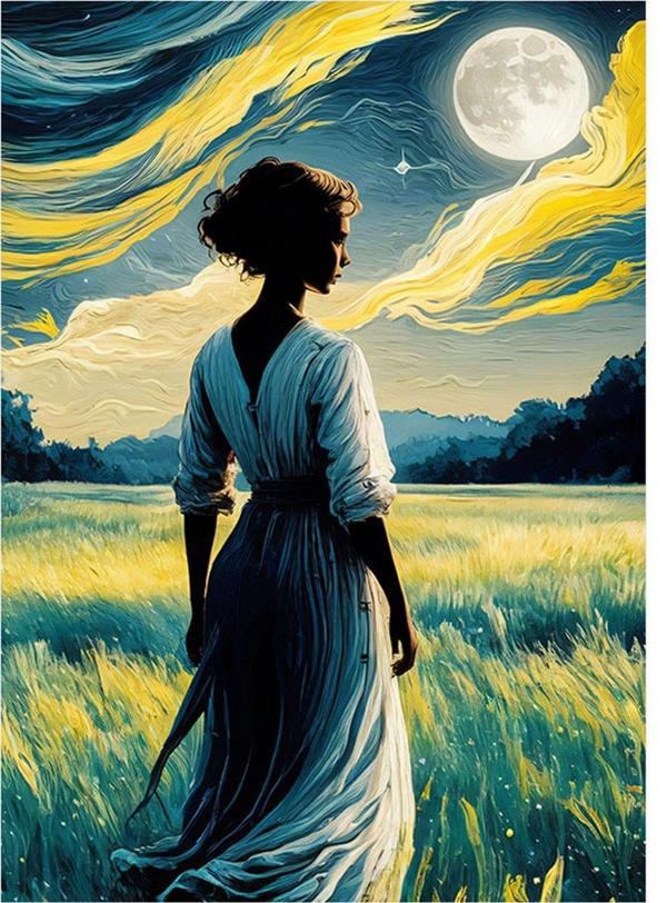 Ekart Tarlada Kadın Ve Ay Van Gogh Desenli Mdf Tablo 35 cm x 50 cm - Image 1