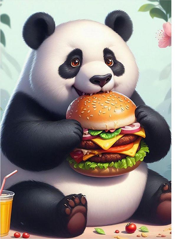 Ekart Hamburger Yiyen Panda Hediyelik Mdf Tablo 50 cm x 70 cm - Image 1