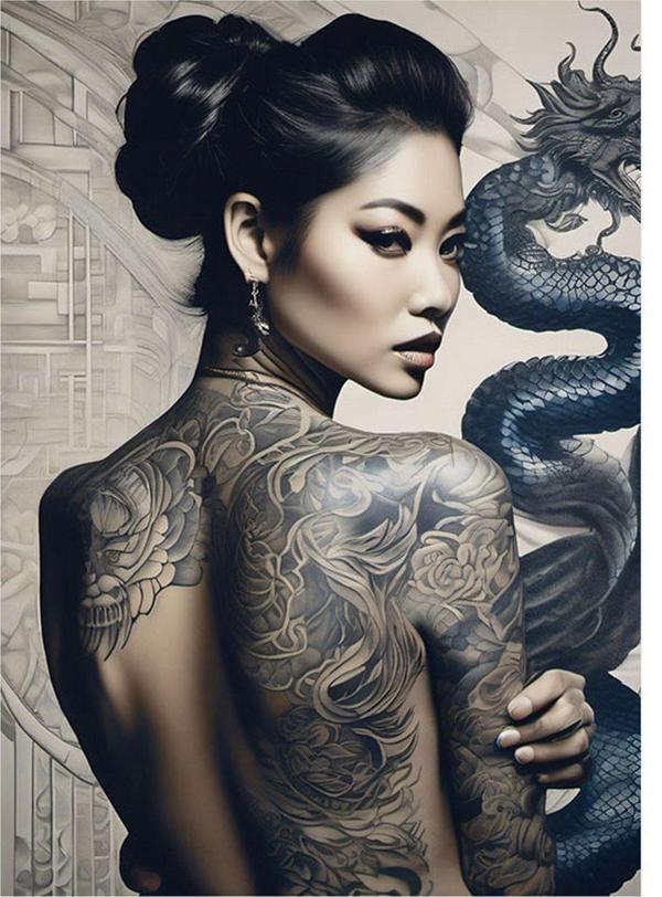 Ekart Sırtı Dövmeli Japon Kadın Mdf poster 35 cm x 50 cm - Image 1