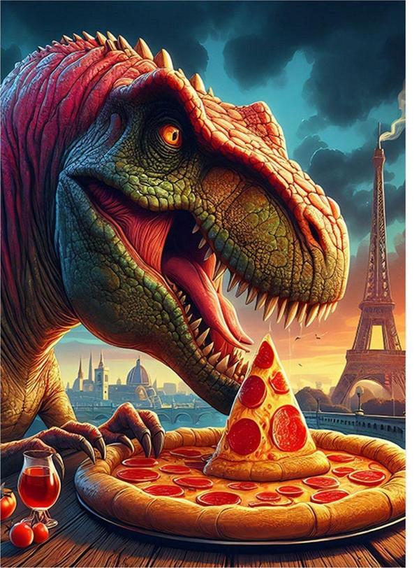 Ekart Pizza Yiyen Dinazor Mdf poster 35 cm x 50 cm - Image 1