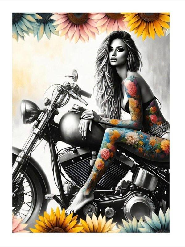 Ekart Dövmeli Motorcu Kadın Ve Çiçekler Mdf poster 25 cm x 35 cm - Image 1
