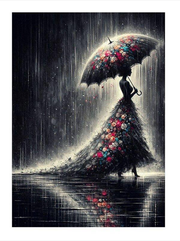 Ekart Çiçekli Elbiseli Kadın Ve Yağmur Dekoratif Mdf Tablo 35 cm x 50 cm - Image 1