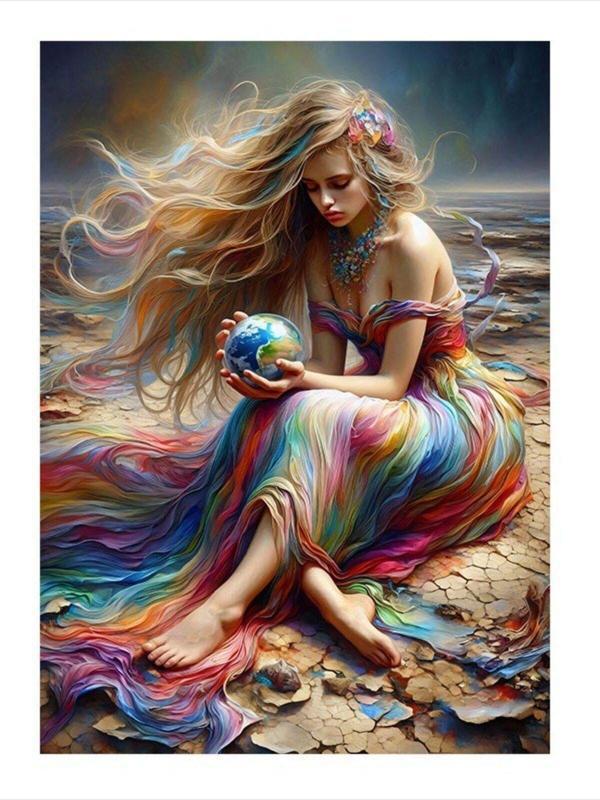 Ekart Renkli Elbiseli Kadın Ve Dünya Maketi Desenli Mdf Tablo 35 cm x 50 cm - Image 1