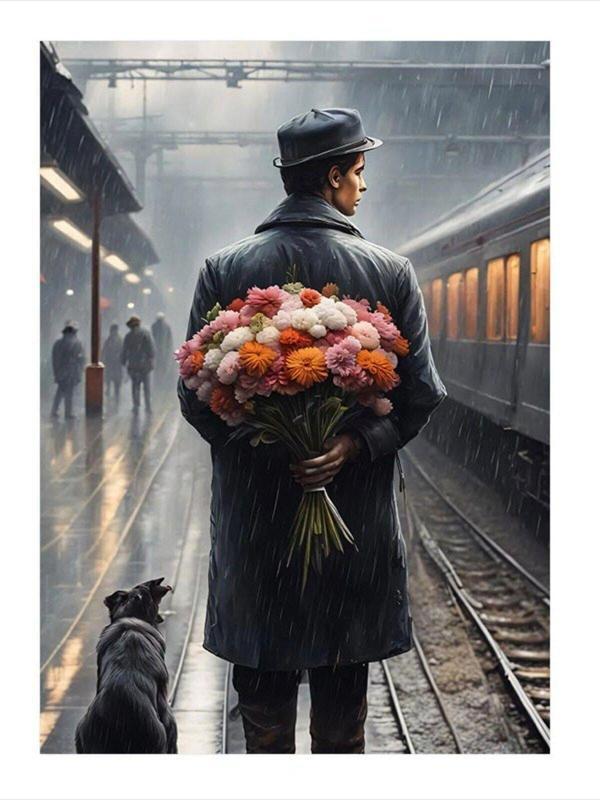 Ekart Tren İstasyonudaki Çiçekli Adam Mdf Tablo 25 cm x 35 cm - Image 1