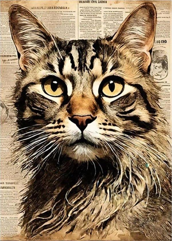 Ekart Sevimli Kedi Gazete Fon Desenli Mdf Tablo 50 cm x 70 cm - Image 1