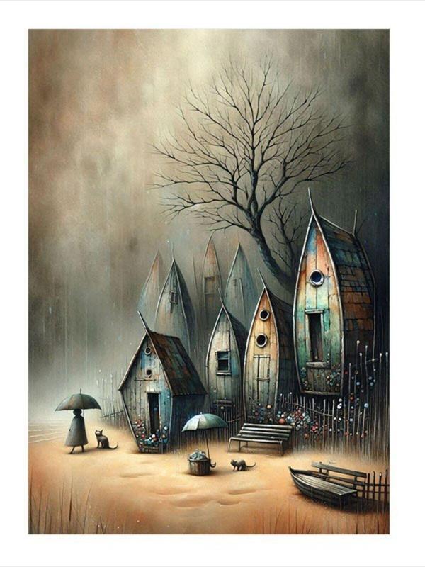 Ekart Yağmurdaki Küçük Evler Art Mdf Poster 25 cm x 35 cm - Image 1