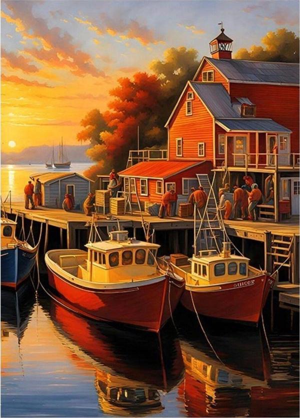 Ekart İskeledeki Tekneler Ve Ev Art Mdf Poster 50 cm x 70 cm - Image 1