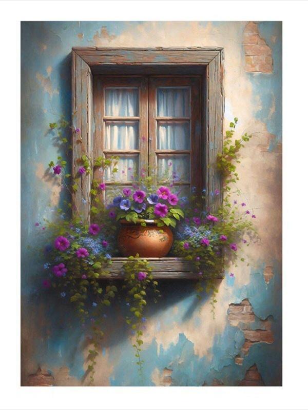 Ekart Eski Pencere Ve Çiçekler Modern Mdf Tablo 50 cm x 70 cm - Image 1