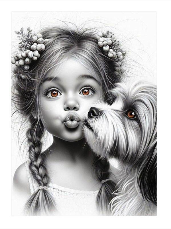 Ekart Siyah Beyaz Kız Çocuğu Ve Köpek Model Mdf tablo 25 cm x 35 cm - Image 1