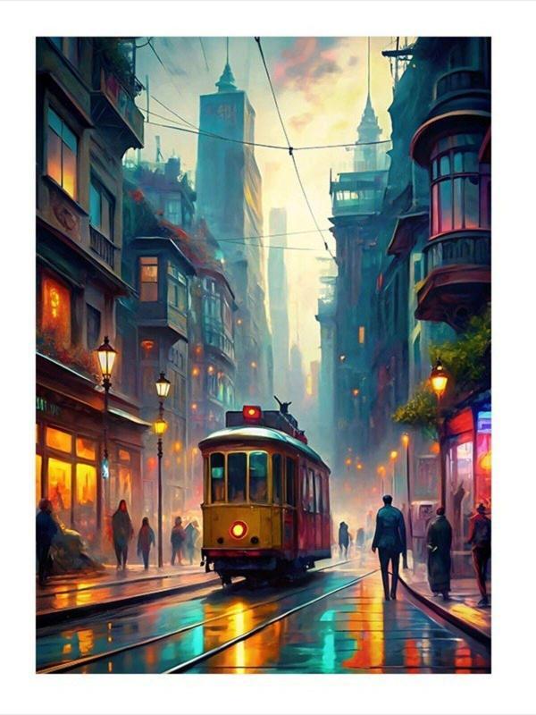 Ekart Tramvay Ve Gün Batımı Desenli Mdf Tablo 50 cm x 70 cm - Image 1