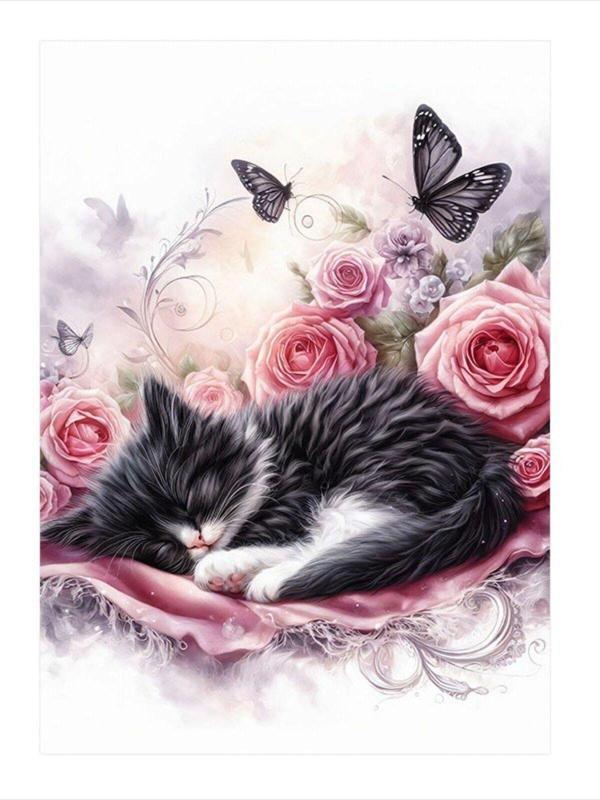 Ekart Pembe Çiçekler Ve Uyuyan Kedi Hediyelik Mdf Tablo 50 cm x 70 cm - Image 1