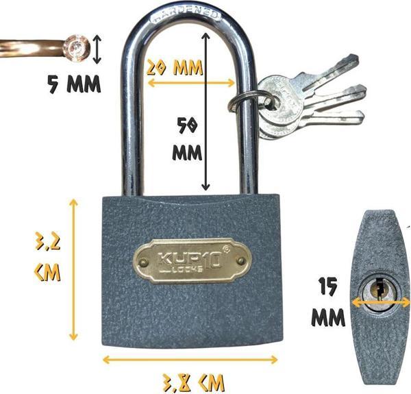 Kupa Uzun Kanca Asma Kilit Gri 38 mm. - 3 Anahtarlı - Image 1