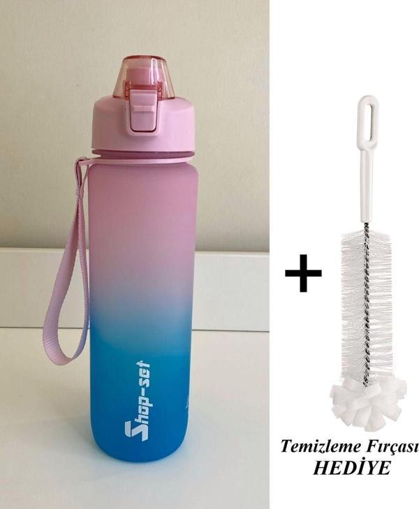 Shopset 1000 Ml Tritan Motivasyonlu Su Matarası Süzgeçli Ve Pipetli (Pembe-Turkuaz Mavi)  - Image 1