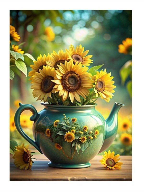 Ekart Çaydanlıktaki Ayçiçekleri Modern Ahşap Tablo 25 cm x 35 cm - Image 1