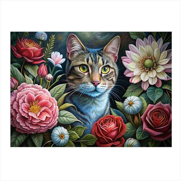 Ekart Çiçekler Ve Kedi Model Ahşap Tablo 35 cm x 50 cm - Image 1