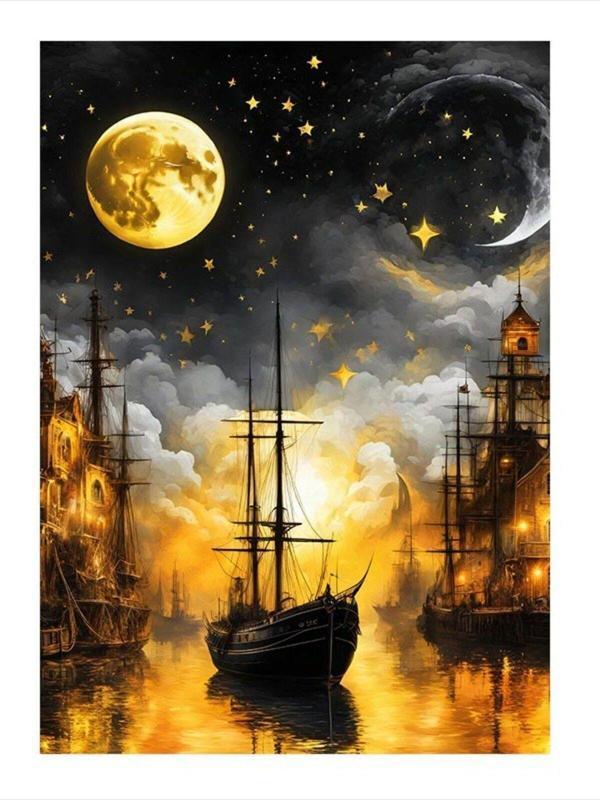 Ekart Altın Sarısı Dolunay Ve İskeledeki Gemiler Desenli Ahşap Tablo 25 cm x 35 cm - Image 1