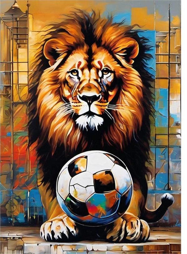 Ekart Aslan Ve Futbol Topu Desenli Ahşap Tablo 50 cm x 70 cm - Image 1