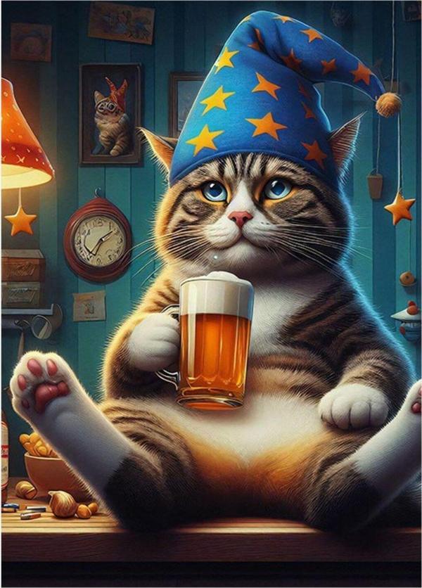 Ekart Bira İçen Kedi Modern Ahşap Tablo 35 cm x 50 cm - Image 1