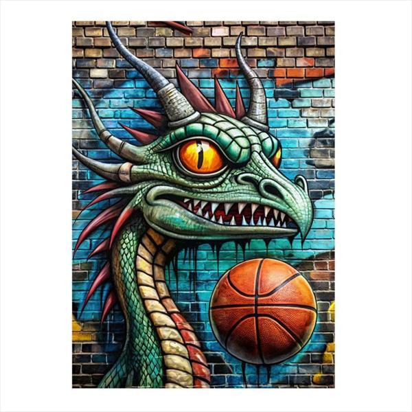 Ekart Dinazor Grafitisi Ve Basketbol Topu Desenli Ahşap Tablo 35 cm x 50 cm - Image 1