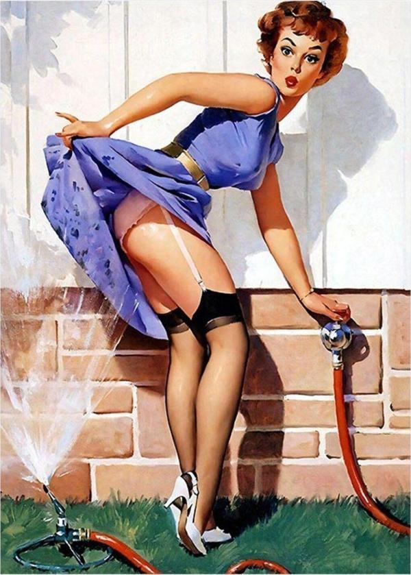 Ekart Bahçe Sulayan Pin Up Kızı Dekoratif ahşap Tablo 35 cm x 50 cm - Image 1