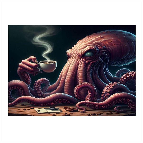 Ekart Kahve İçen Ahtapot Model Ahşap Tablo 35 cm x 50 cm - Image 1