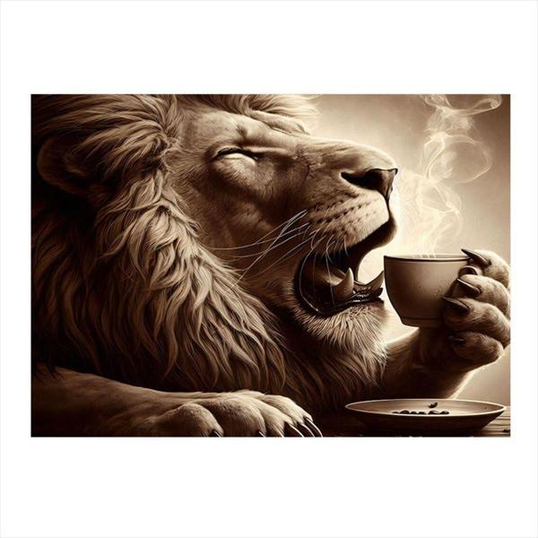 Ekart Kahve İçen Aslan Desenli Ahşap Tablo 35 cm x 50 cm - Image 1
