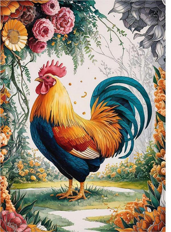 Ekart Horoz Ve Çiçekler Model Ahşap Tablo 35 cm x 50 cm - Image 1