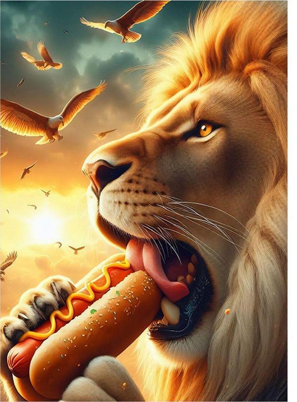 Ekart Hotdog Yiyen Aslan Dekoratif ahşap Tablo 35 cm x 50 cm - Image 1