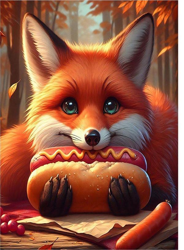 Ekart Hotdog  Yiyen Tilki Desenli Ahşap Tablo 35 cm x 50 cm - Image 1