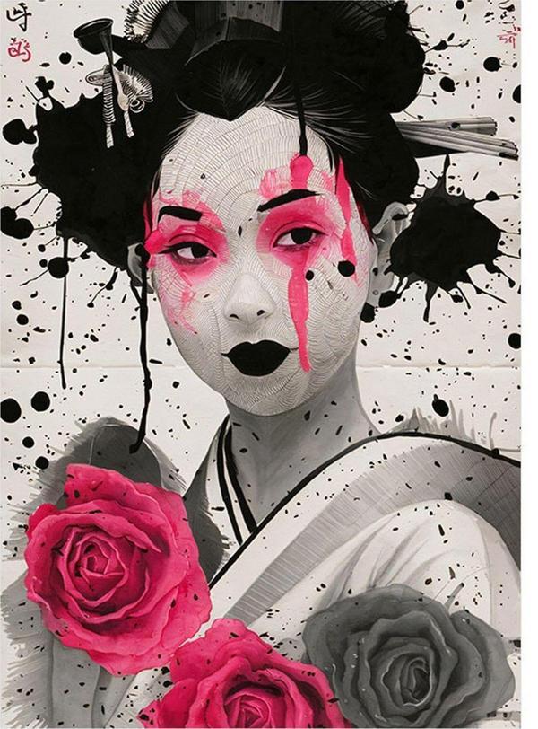 Ekart Geyşa Japon Kadın Desenli Ahşap Tablo 35 cm x 50 cm - Image 1