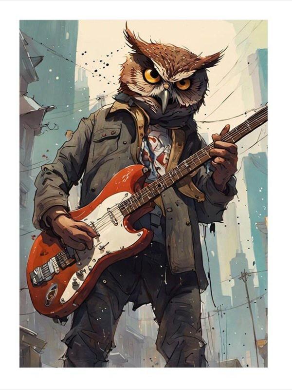 Ekart Gitar Çalan Baykuş Desenli Ahşap Tablo 25 cm x 35 cm - Image 1