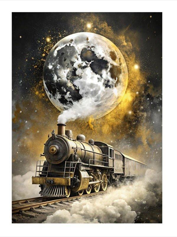 Ekart Işıltılı Dolunay Ve Tren Model Ahşap Tablo 25 cm x 35 cm - Image 1
