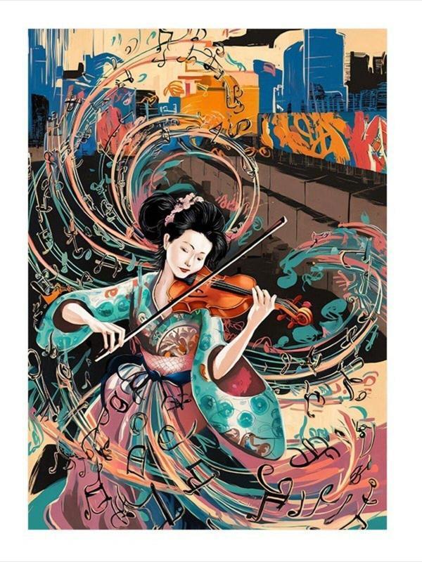 Ekart Keman Çalan Japon Kadın Dekoratif ahşap Tablo 25 cm x 35 cm - Image 1
