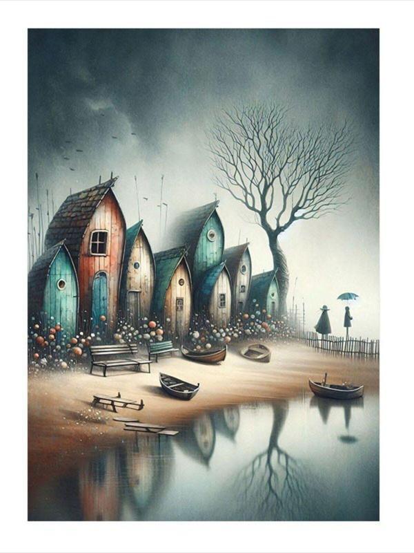 Ekart Göl Kenarındaki Evler Modern Ahşap Tablo 25 cm x 35 cm - Image 1