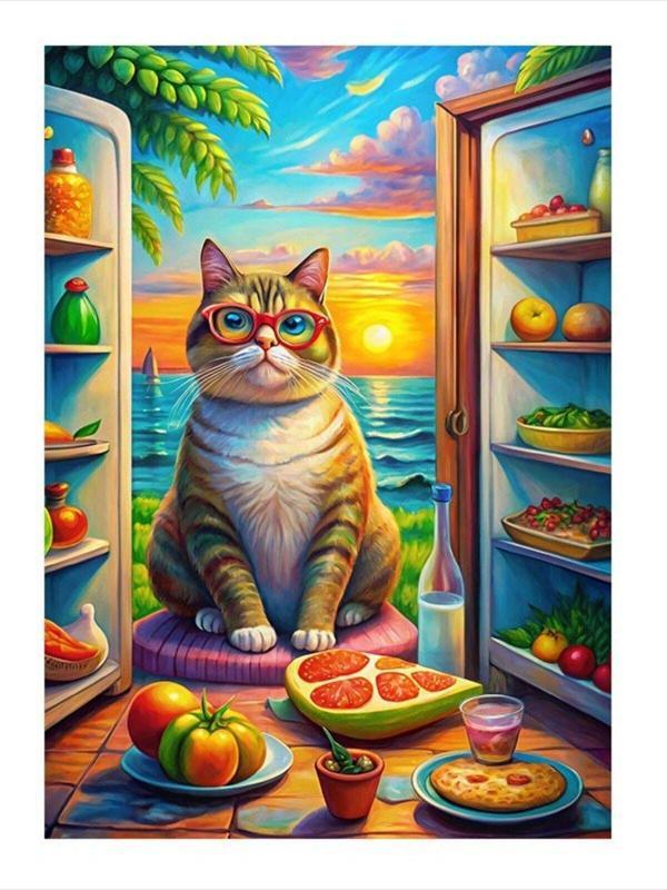 Ekart Kırmızı Gözlüklü Kedi Ve Meyveler Model Ahşap Tablo 50 cm x 70 cm - Image 1
