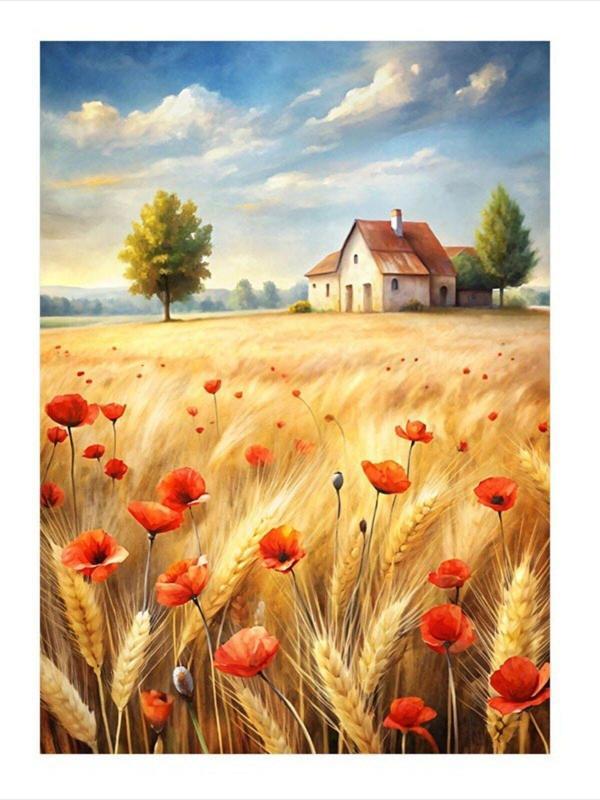 Ekart Kırmızı Çiçekler Ve Buğday Tarlası Desenli Ahşap Tablo 25 cm x 35 cm - Image 1