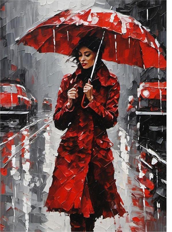 Ekart Kırmızı Şemsiyeli Kadın Desenli Ahşap Tablo 35 cm x 50 cm - Image 1