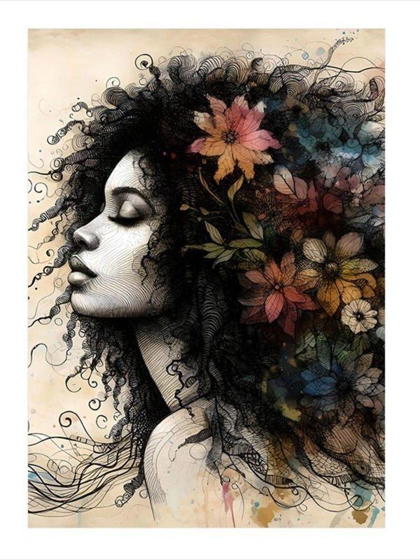 Ekart Kıvırcık Saçlı Kadın Ve Çiçekler Hediyelik Ahşap Tablo 35 cm x 50 cm - Image 1