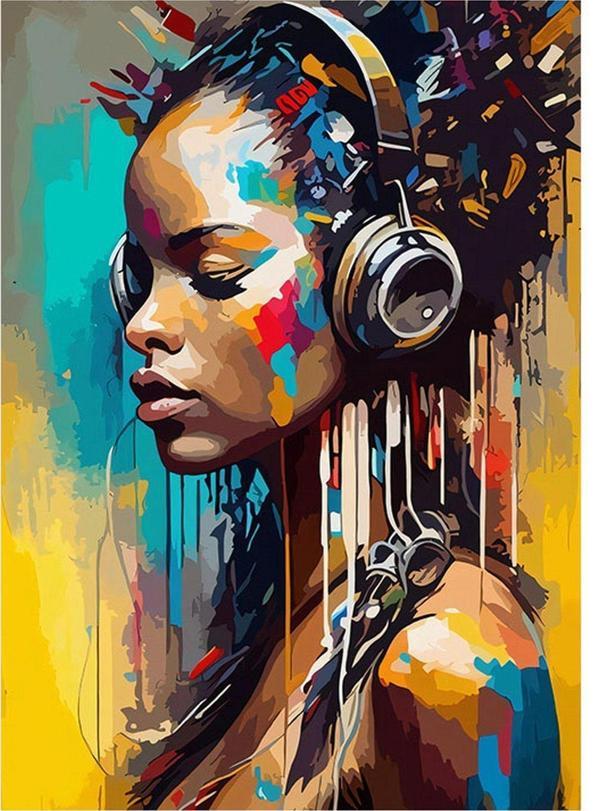 Ekart Kulaklıkla Müzik Dinleyen Kız Dekoratif ahşap Tablo 25 cm x 35 cm - Image 1