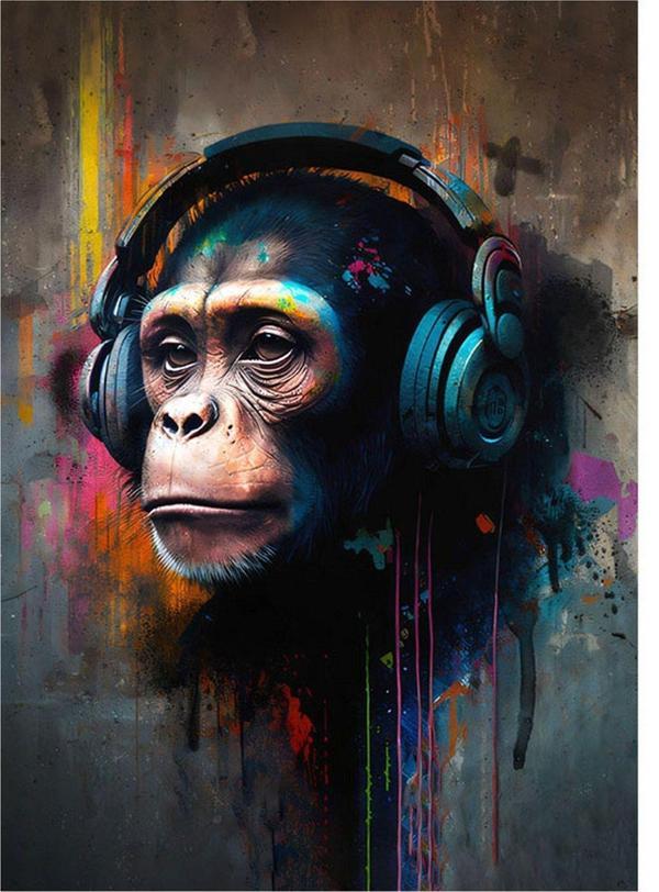 Ekart Kulaklıkla Müzik Dinleyen Maymun Hediyelik Ahşap Tablo 35 cm x 50 cm - Image 1
