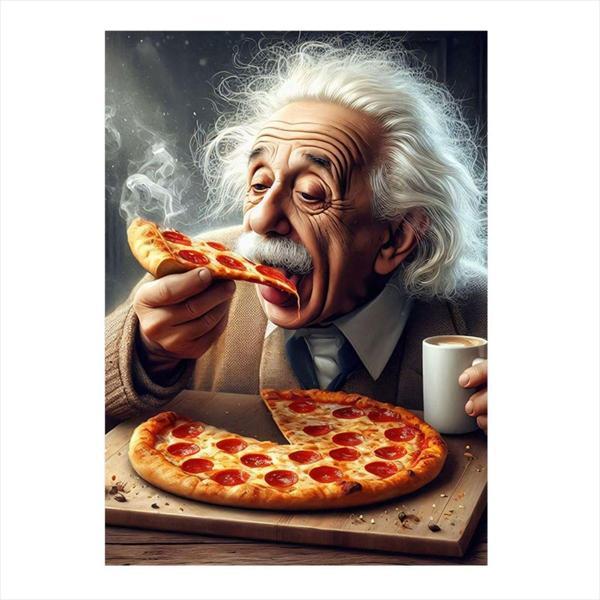 Ekart Pizza Yiyen Albert Einstein Dekoratif ahşap Tablo 35 cm x 50 cm - Image 1